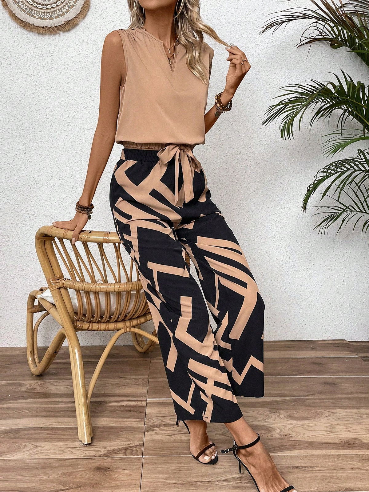 Solid Color V-Neck Blouse And Geometric Printed Straight Pants