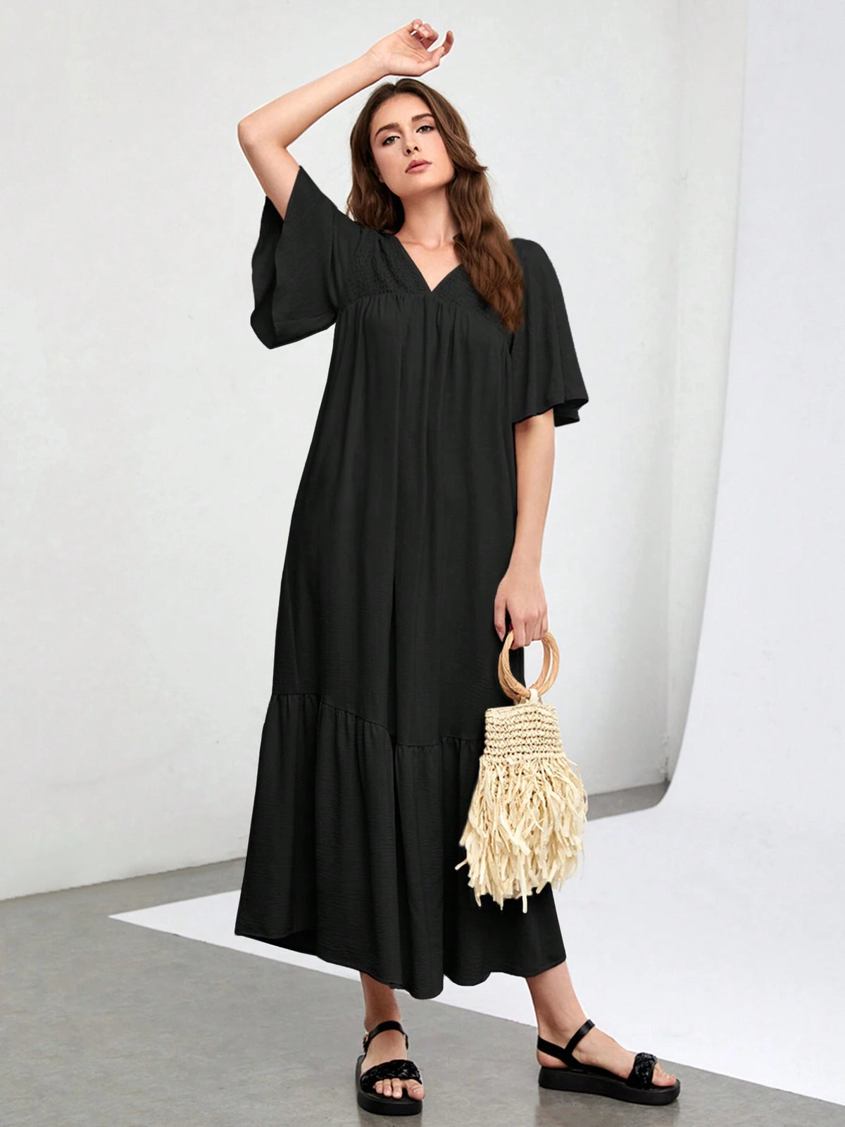 Solid Color V-Neck Loose Casual Maxi Dress