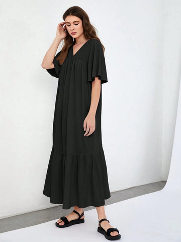 Solid Color V-Neck Loose Casual Maxi Dress