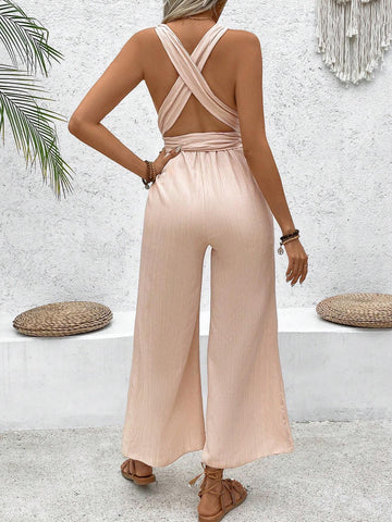 Solid Color V-Neck Pleated Wide Leg Jumpsuit