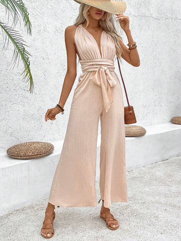 Solid Color V-Neck Pleated Wide Leg Jumpsuit