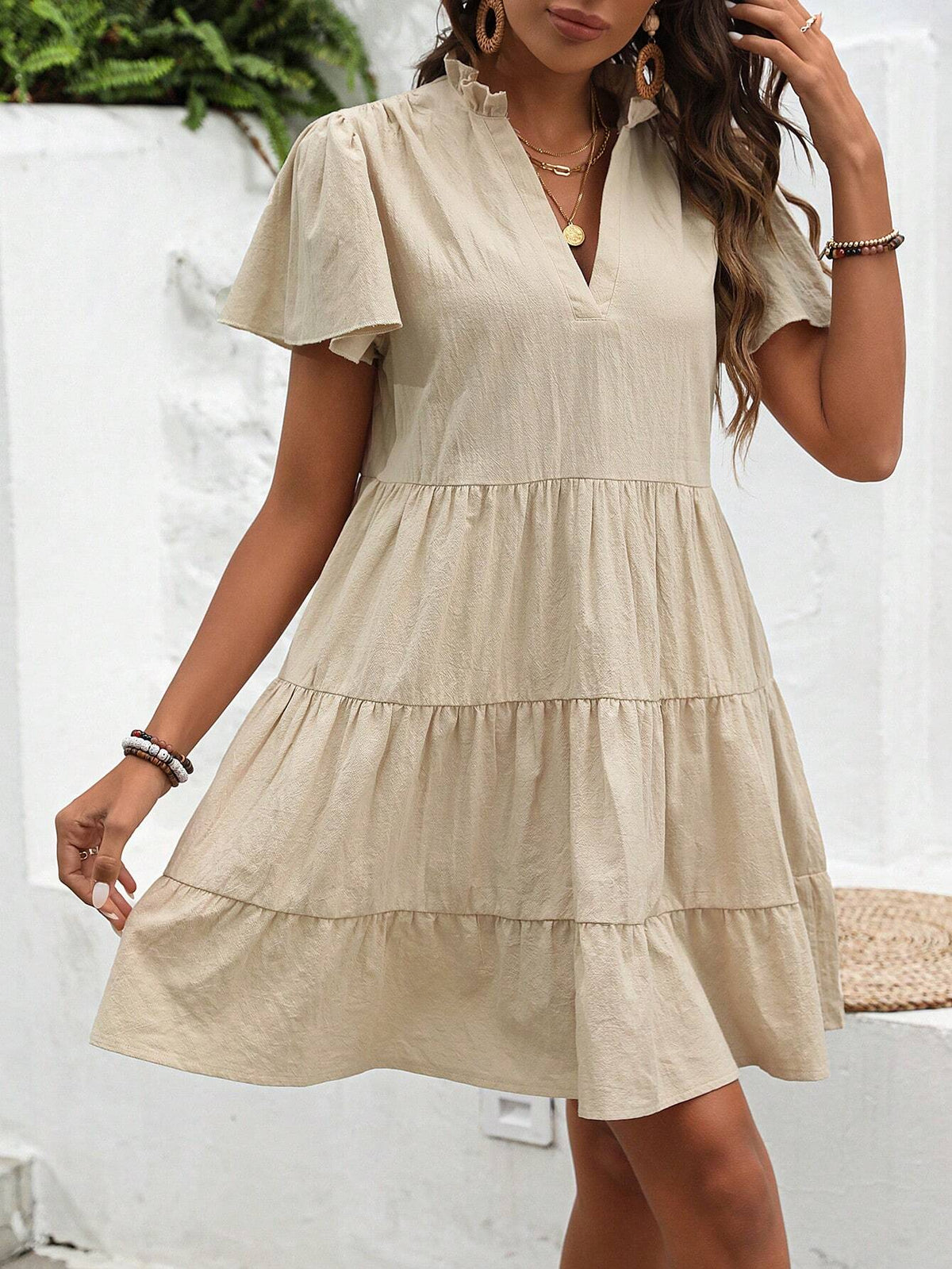 Solid Color V-Neckline Multi-Layer Hem Dress