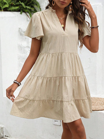 Solid Color V-Neckline Multi-Layer Hem Dress