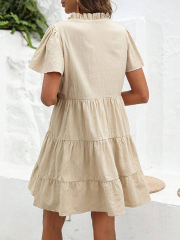 Solid Color V-Neckline Multi-Layer Hem Dress