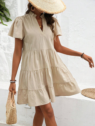 Solid Color V-Neckline Multi-Layer Hem Dress