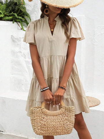 Solid Color V-Neckline Multi-Layer Hem Dress
