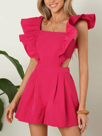 Solid Color Vacation Style Hollow Out Ruffle Trim Women'S Jumpsuit