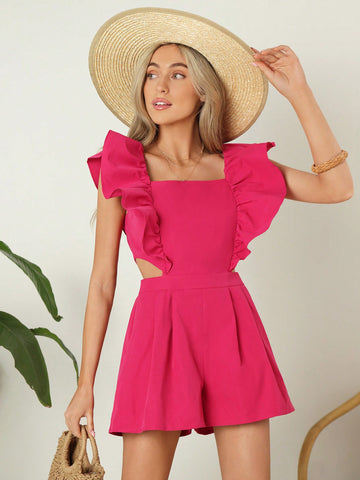 Solid Color Vacation Style Hollow Out Ruffle Trim Women'S Jumpsuit