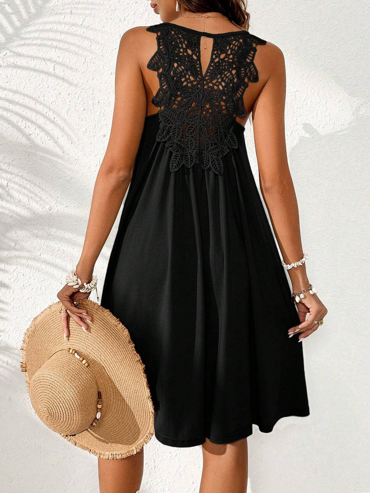 Solid Color Vacation Style Knit Loose Back Patchwork Lace Cami Women Summer Dress