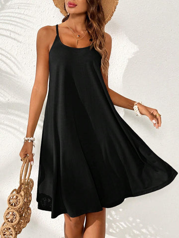 Solid Color Vacation Style Knit Loose Back Patchwork Lace Cami Women Summer Dress