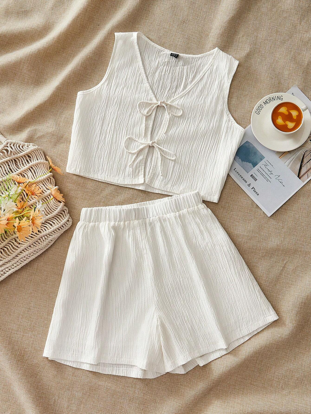 Solid Color Weave Loose Sleeveless Top & High Waist Wide Leg Shorts Women's 2pcs Holiday Outfit