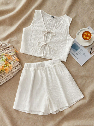 Solid Color Weave Loose Sleeveless Top & High Waist Wide Leg Shorts Women's 2pcs Holiday Outfit