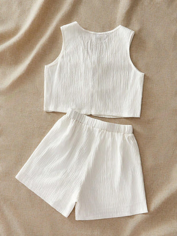 Solid Color Weave Loose Sleeveless Top & High Waist Wide Leg Shorts Women's 2pcs Holiday Outfit