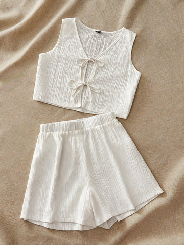 Solid Color Weave Loose Sleeveless Top & High Waist Wide Leg Shorts Women's 2pcs Holiday Outfit