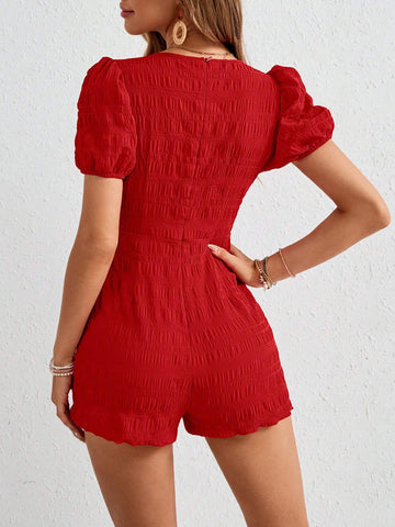 Solid Color Woven Bubble Short Sleeve Deep V-Neck Jumpsuit For Women's Vacation