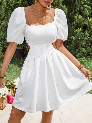 Solid Color Woven Princess Short Sleeves Waist Cutout Design Square Neck Back Tie Women's Dre