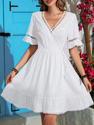 Solid Color Woven Ruffle Trimmed Off-Shoulder And Hem Stitching Joint Slim-Fit Dress For