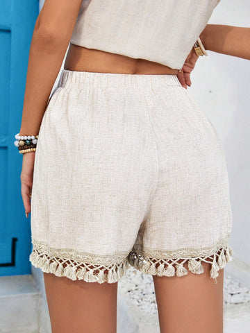 SHEIN VCAY Solid Color Woven Vacation Style High Waisted Loose Fit Wide Leg Fringed Super Short Women Shorts