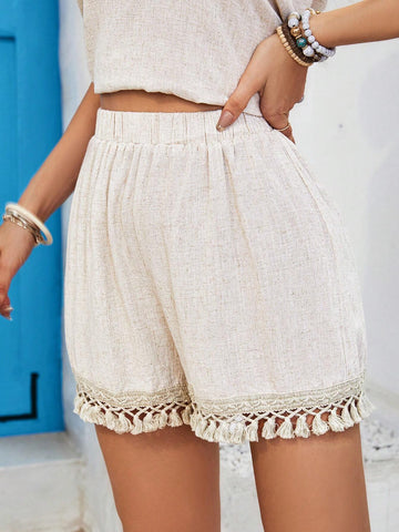 SHEIN VCAY Solid Color Woven Vacation Style High Waisted Loose Fit Wide Leg Fringed Super Short Women Shorts