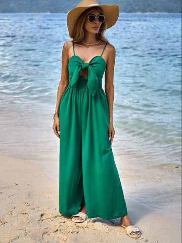 Solid Colored Holiday Strappy Jumpsuit With Tie