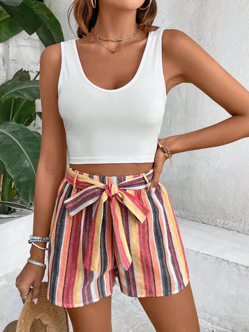 Solid Cropped Tank Top And Striped Shorts 2pcs Set