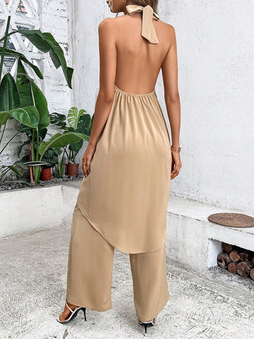 Solid Halter Top & Wide Leg Pants