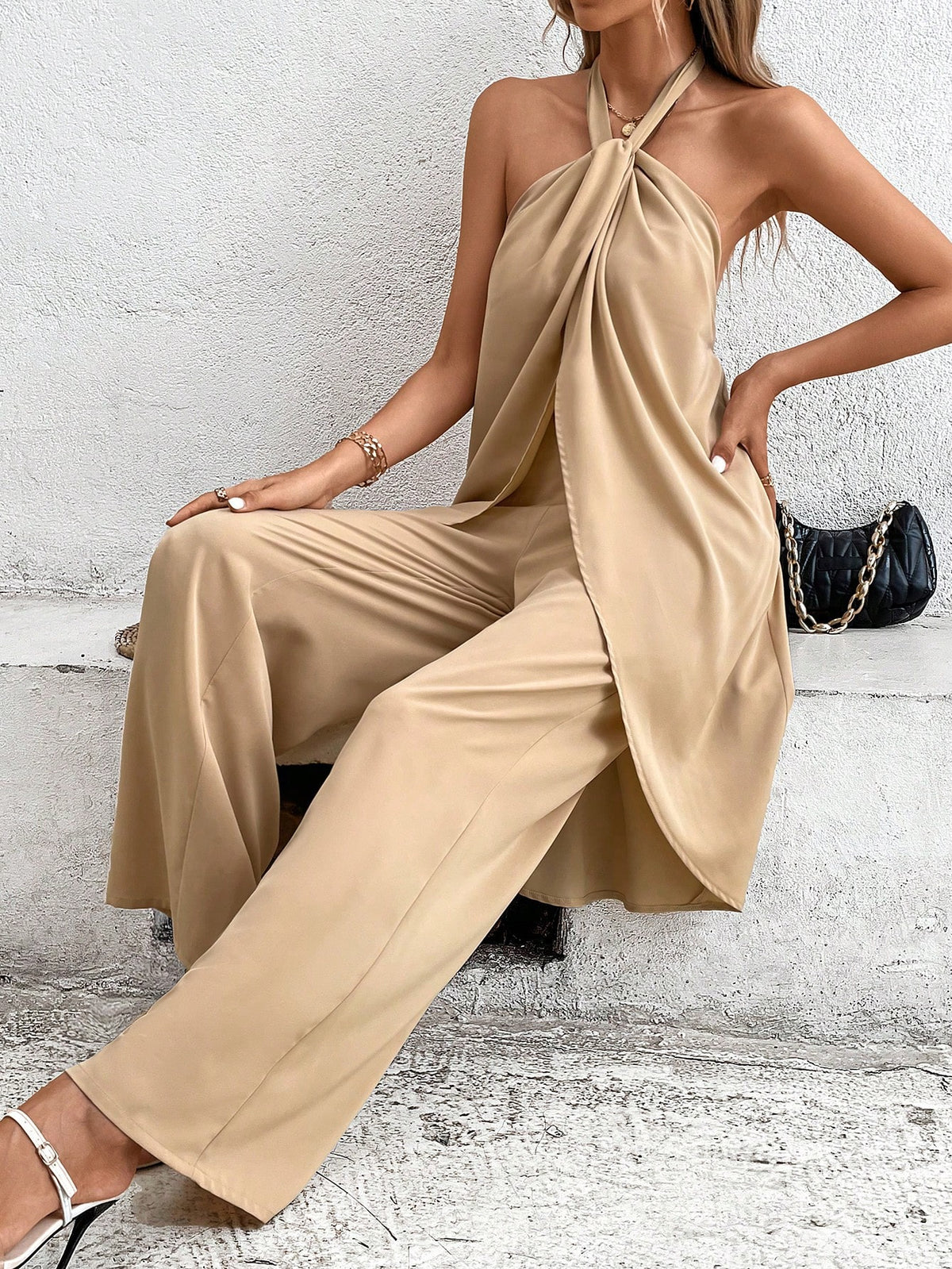 Solid Halter Top & Wide Leg Pants