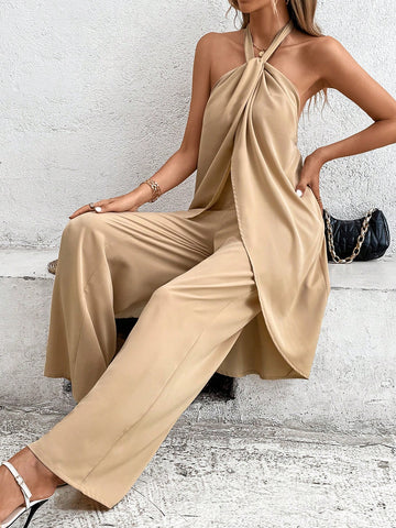 Solid Halter Top & Wide Leg Pants