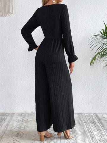 Solid Lace Trim Flare Sleeve Wide Leg Jumpsuit