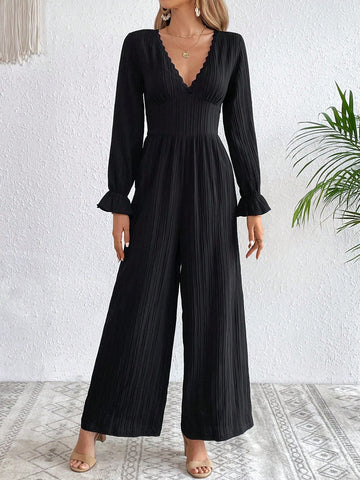 Solid Lace Trim Flare Sleeve Wide Leg Jumpsuit