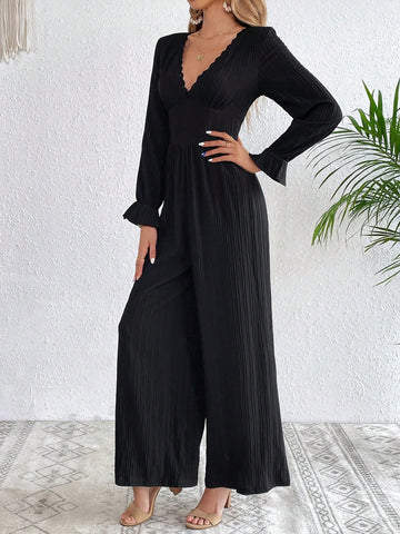 Solid Lace Trim Flare Sleeve Wide Leg Jumpsuit