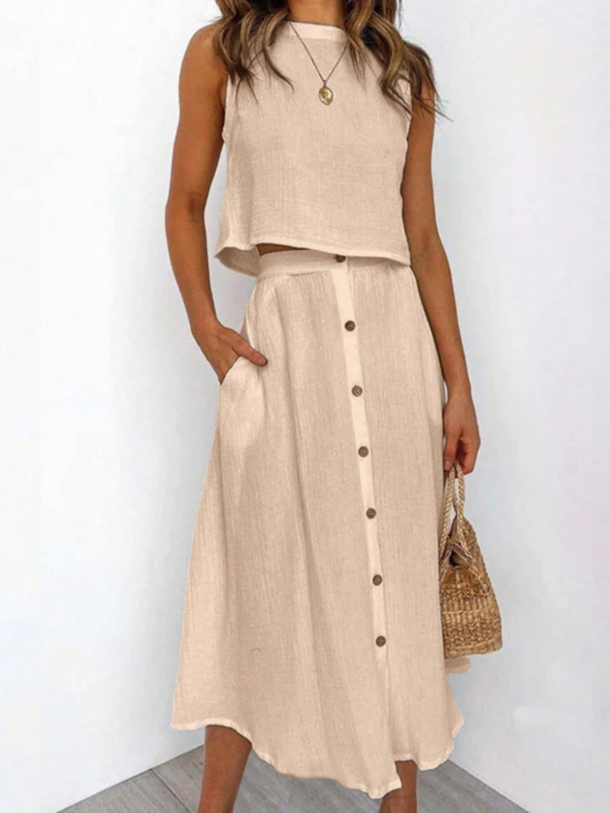 Solid Loose Texture Vest And Button Detail Skirt