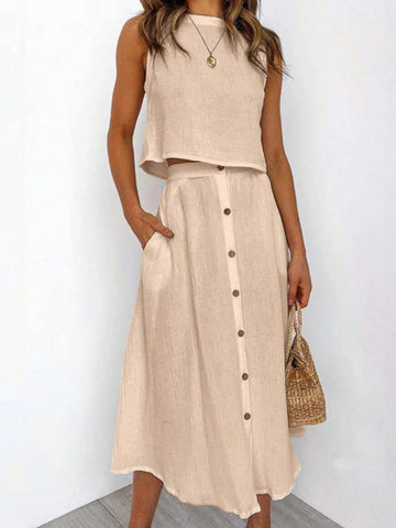 Solid Loose Texture Vest And Button Detail Skirt