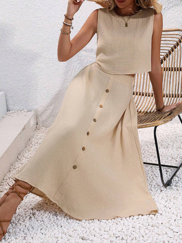 Solid Loose Texture Vest And Button Detail Skirt