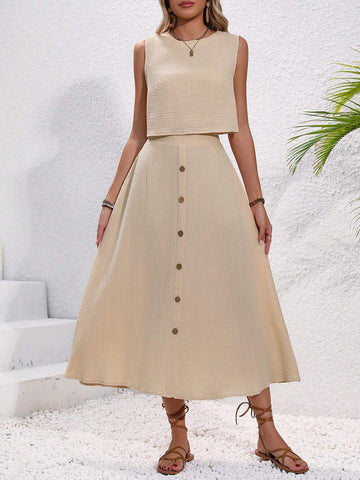 Solid Loose Texture Vest And Button Detail Skirt