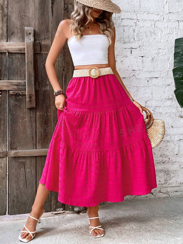 VCAY Solid Ruffle Hem Skirt Without Belt