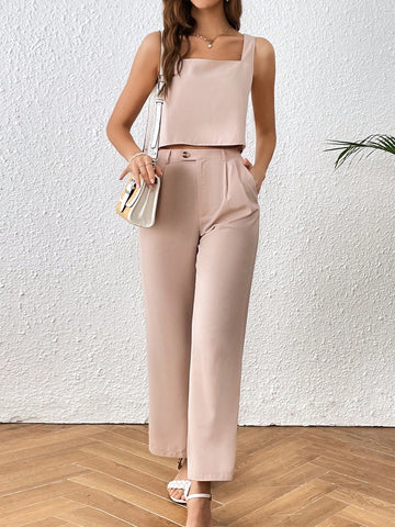 Solid Split Back Top & Wide Leg Pants