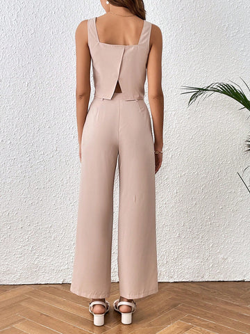 Solid Split Back Top & Wide Leg Pants