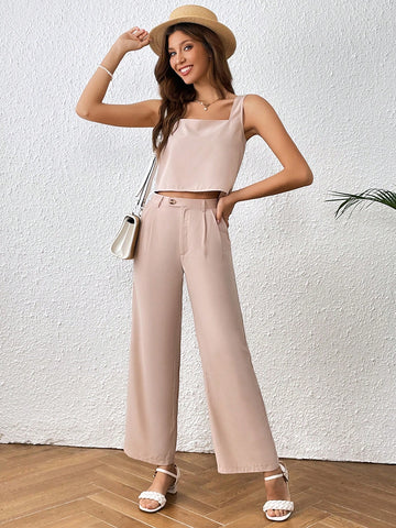 Solid Split Back Top & Wide Leg Pants