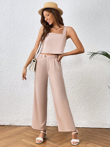 Solid Split Back Top & Wide Leg Pants