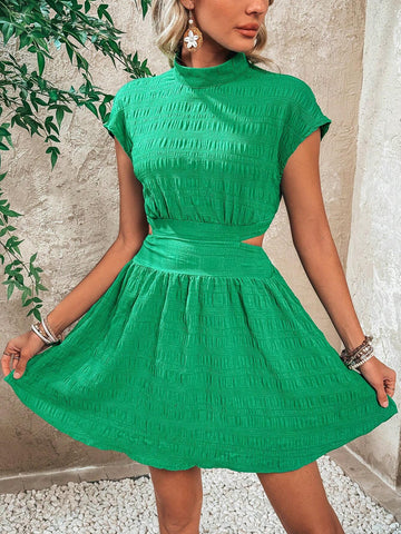Solid Stand Collar Hollow Out Dress