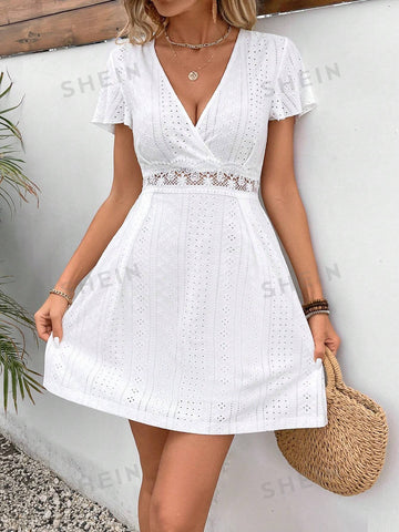 Solid Surplice Neck Lace Insert Schiffy Dress