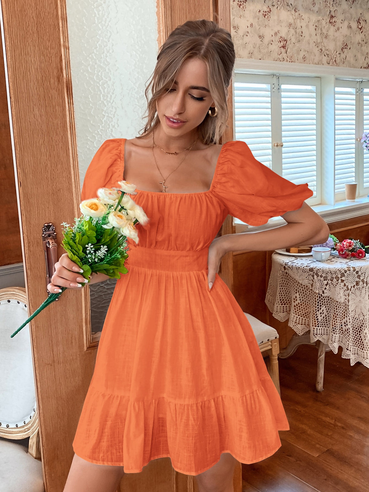 VCAY Solid Tie Back Flounce Hem Dress