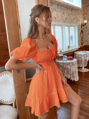 VCAY Solid Tie Back Flounce Hem Dress