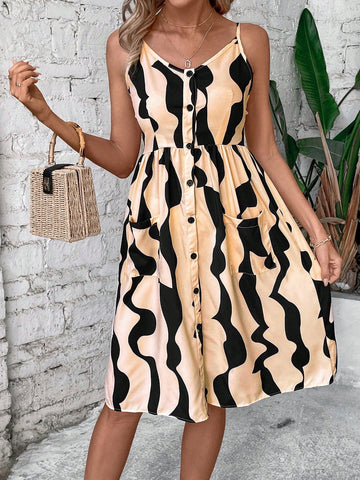 Spaghetti Strap Button Front Sleeveless Dress