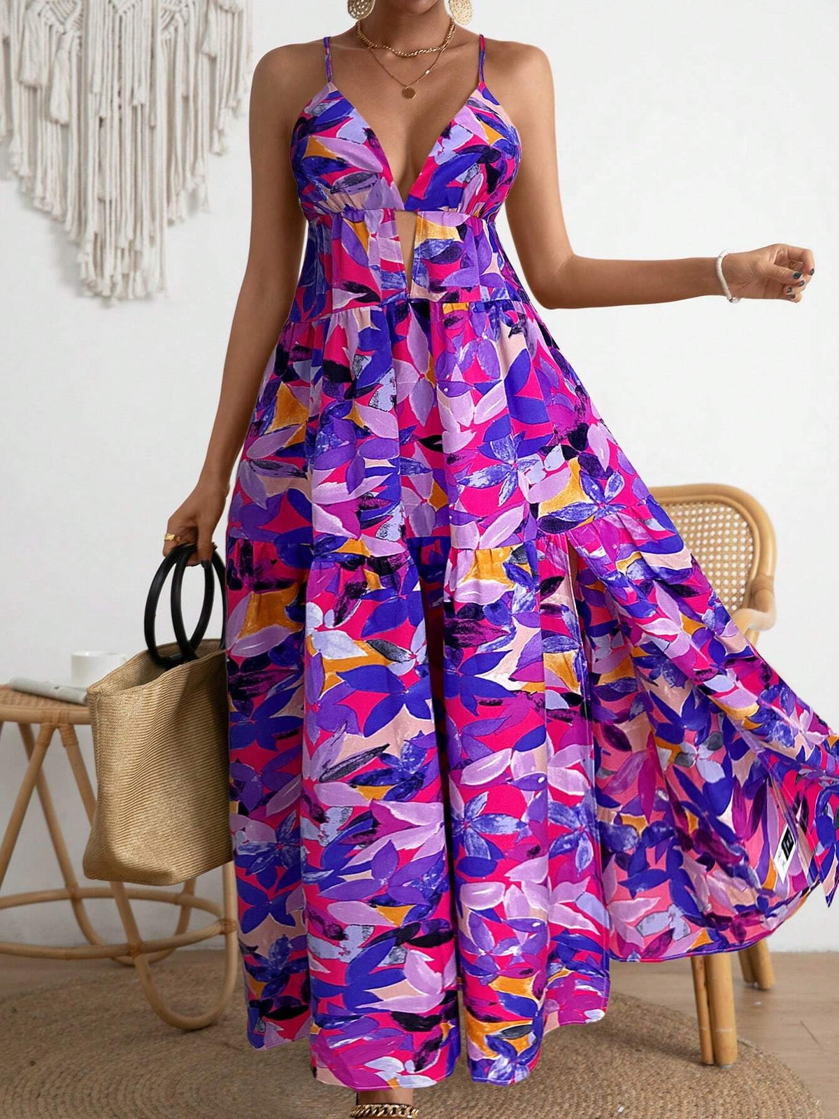 Spaghetti Strap Full Printed Thigh High Slit Slip Dress