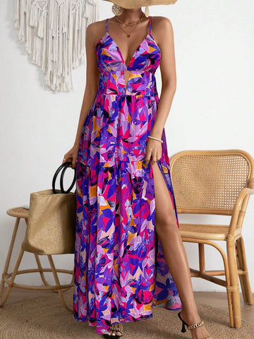 Spaghetti Strap Full Printed Thigh High Slit Slip Dress