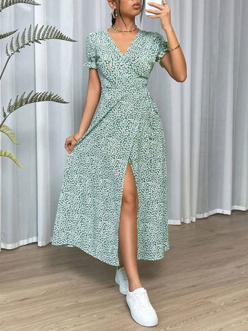 Sping Ditsy Floral Knot Side Wrap Green Long Dress