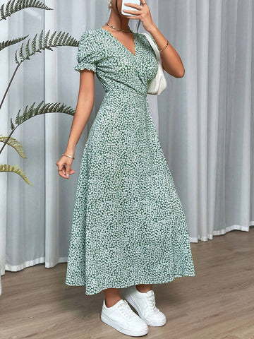 Sping Ditsy Floral Knot Side Wrap Green Long Dress