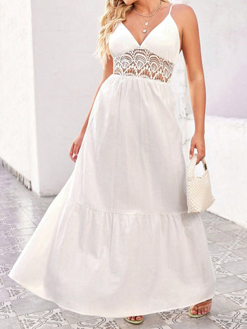 Splice Lace Cami Dress With Ruffle Hem